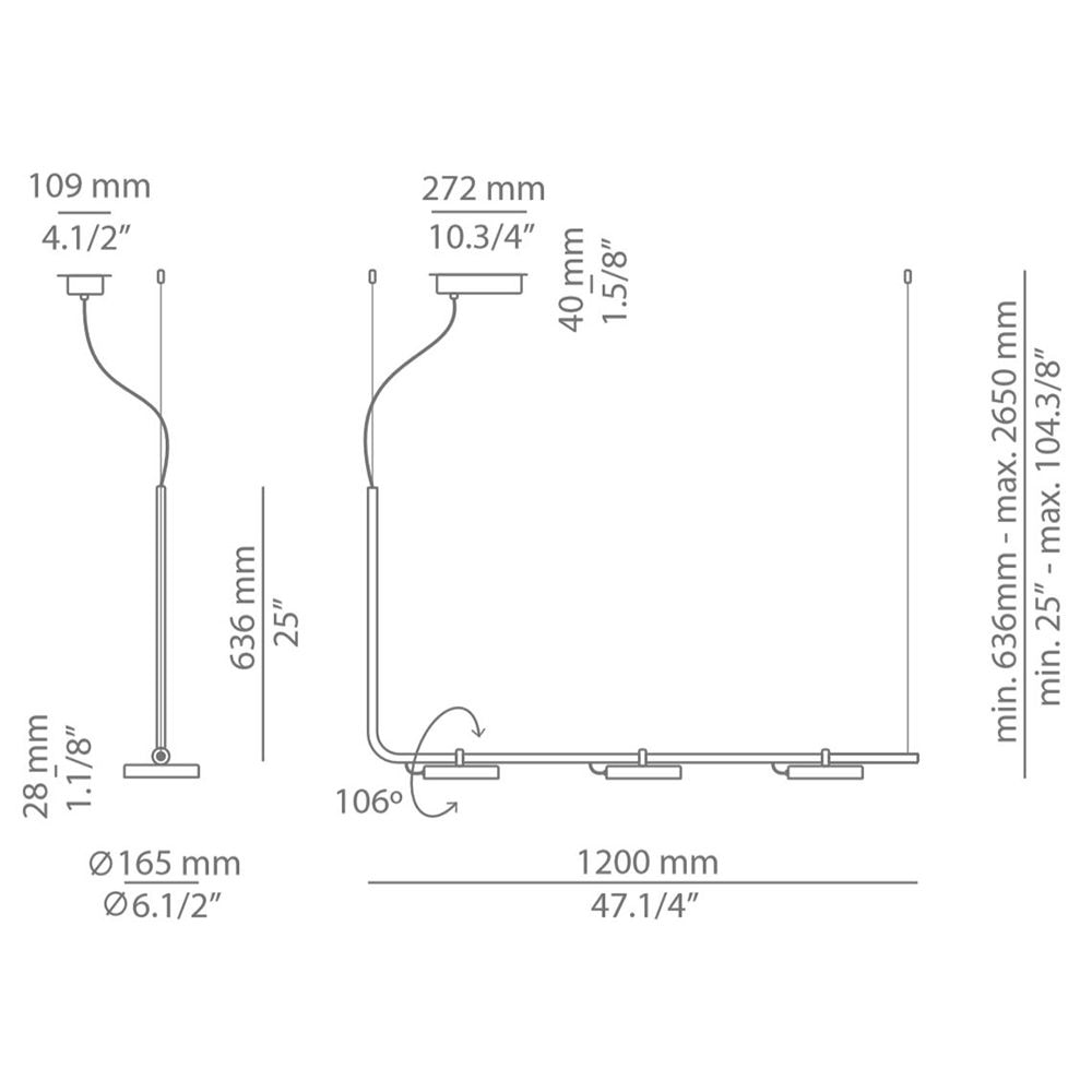 Aro T-3541-W 3 Light Linear Suspension Dimensions