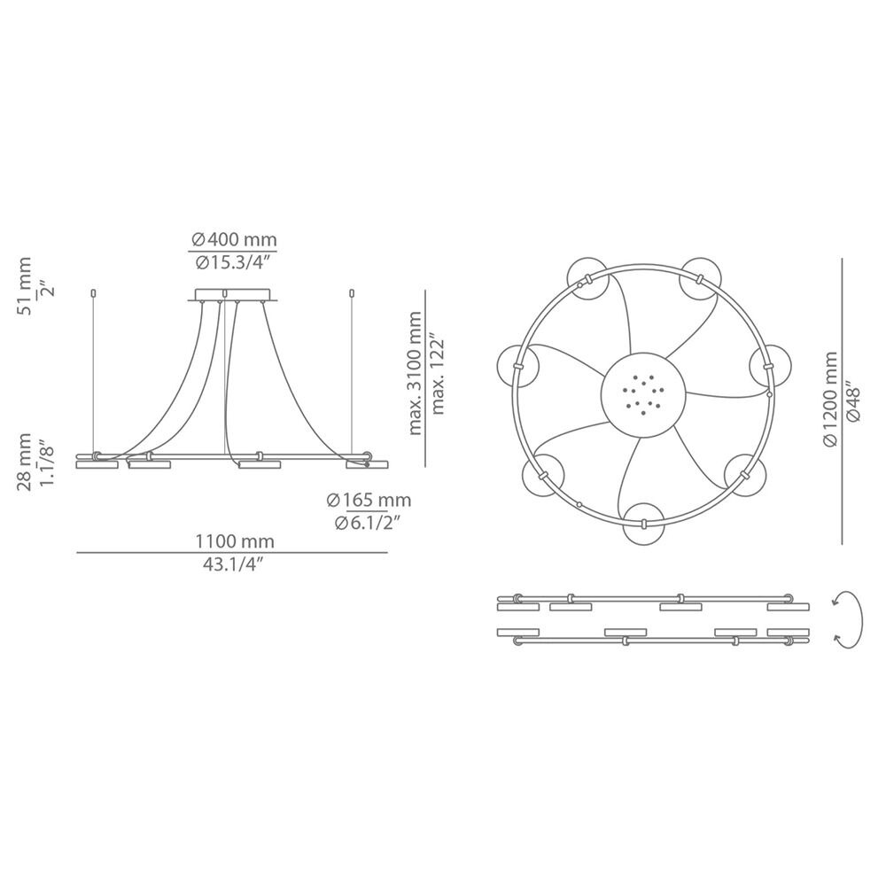 Aro T-3543-W 7 Light Round Suspension Dimensions