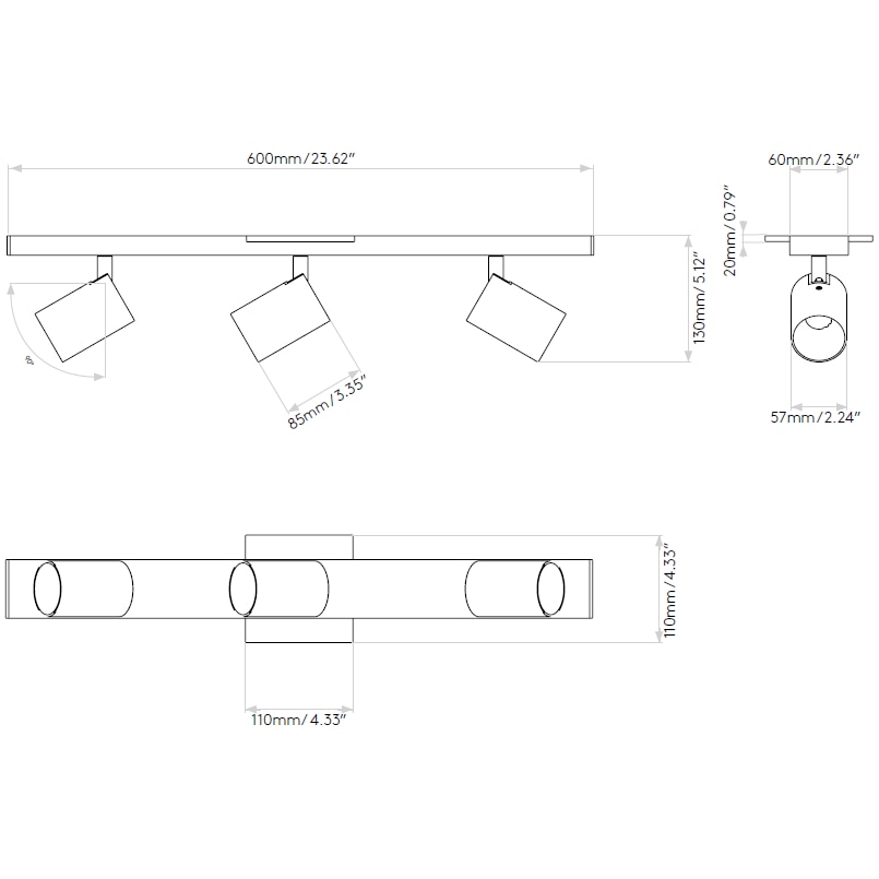 Ascoli Triple Bar Ceiling/Wall Dimensions