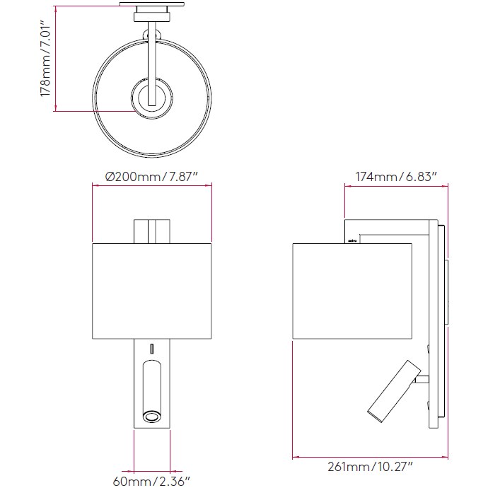 Ravello LED Reader Wall With Drum 200 Shade Dimensions