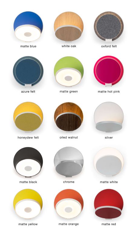 The complete selection of finishes for Gravy LED wall light available from Koncept