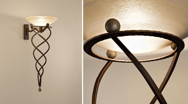 A studio shot of Jean-François Crochet's Antinea wall light, along with a detail close-up of the glass-metal connection point.