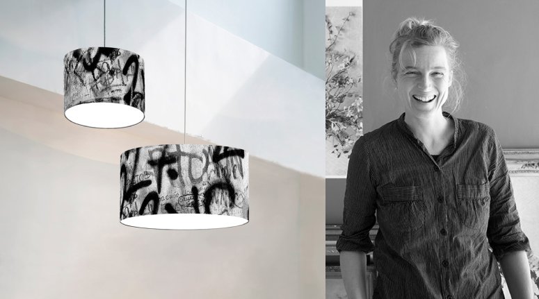 A portrait of graphic designer Deborah Bowness next to an image of some of her patterned lampshade designs for Innermost.