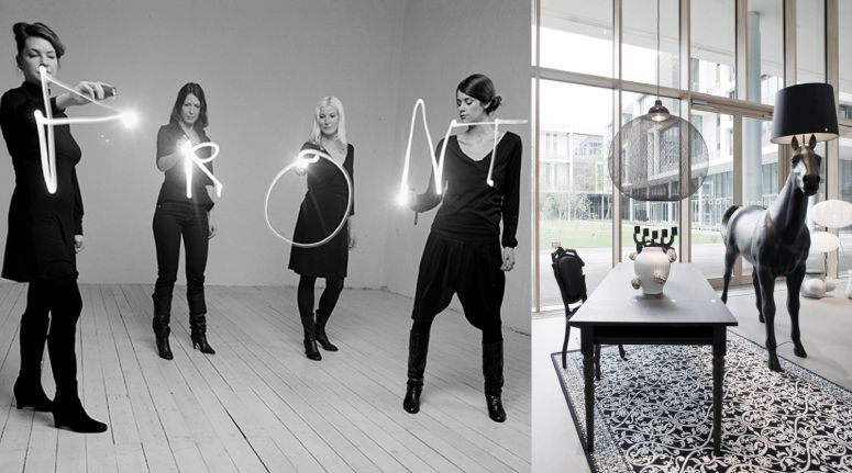 A photo of Horse Lamp from Moooi and a time-lapse photo of the Front Design team, creating the word 'FRONT' by moving sparklers, but it looks like 'PRONT' because 'F' is REALLY hard to do like that.