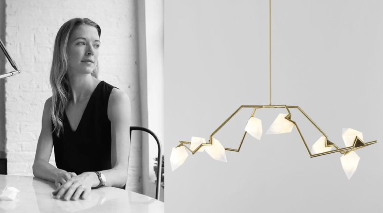 A black and white portrait of Bec Brittain in her Brooklyn studio, next to an image of her Seed chandelier design.