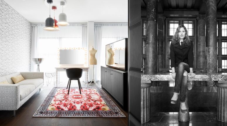 A photo of rebellious lighting designer Nika Zupanc next to an image of a living room featuring her Lolita pendant lights from Moooi.