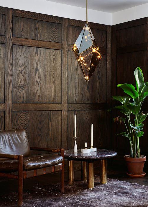 Bec Brittain's Maxhedron 30in Vertical pendant in a study exhibit at Roll & Hill's showroom.