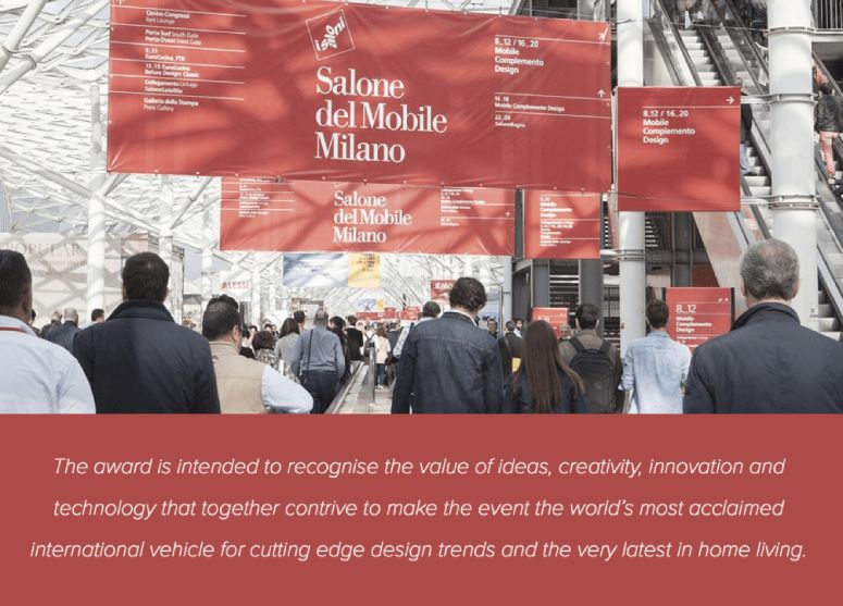 An image of the exhibition hall as attendees head to Salone del Mobile's Milano Award Ceremony