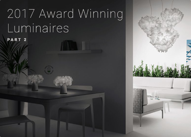 A white dining room separated from a living room by a partition wall. Slamp's Clizia table lights illuminate the table as centrepieces while Veli pendants hang in the living room. Text on image: 2017 Award Winning Luminaires Part 2.