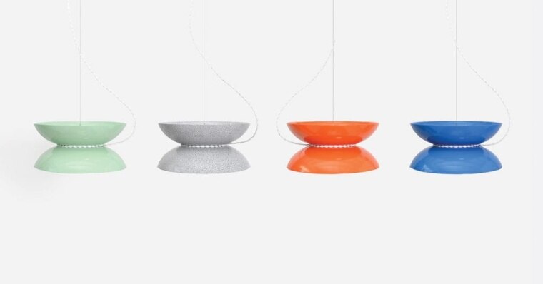 Four Yoyo Light pendants from Stuff by Andrew Neyer display some of the available colour finishes for the spun aluminium shades.