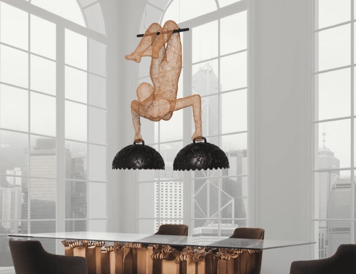 A corner office with Limbo Suspension Trapeze sculptural suspension light over the boardroom table.