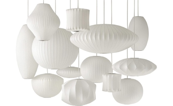 A studio photo of the full range of shapes and sizes available in the Nelson® Bubble Lamp collection of pendant lights.