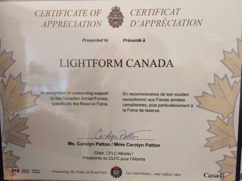 A close-up of the CFLC Employer Support Award presented to LightForm in recognition of our efforts to support Revervist employees.