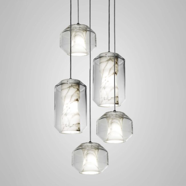 The five-head cluster suspension version of Lee Broom's Chamber suspension light collection.