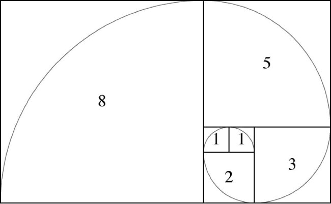 A diagram of the Fibonacci sequence as it is typically charted, in a spiral.