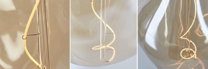 A trio of views of the LED element of Tala's Voronoi designer light bulb, revealing how the Fibonacci sequence is captured in its flow.
