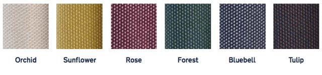 A selection of colour swatches for the six available flora-inspired colours: Orchid, Sunflower, Rose, Forest, Bluebell, and Tulip.