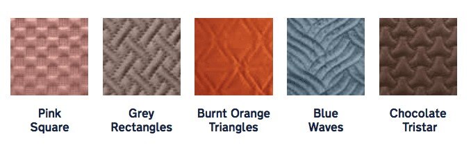 A selection of Harrogate fabric swatches of the five colour and pattern combinations: Pink Square, Grey Rectangles, Burnt Orange Triangles, Blue Waves, and Chocolate Tristar.