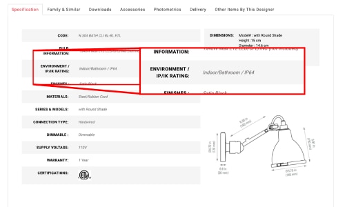 A closeup of the Environment/IP/IK rating section of the product information section