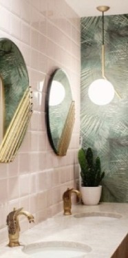 IC Light suspension light from Flos hangs in a tropically-themed project bathroom.