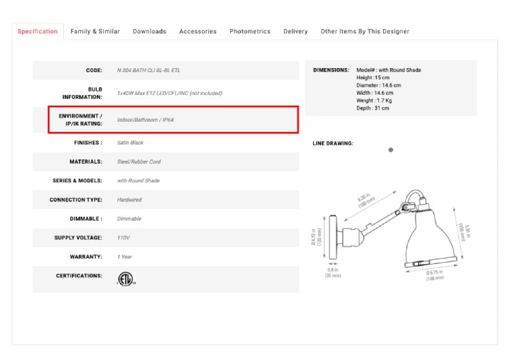 A screencapture from the LightForm website, highlighting the IP rating.