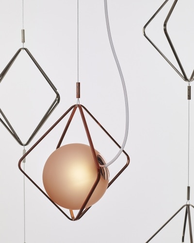 A cluster of Lucie Koldova's Jack O'Lantern suspension light fixtures for Brokis, with a single acid-etched sphere lamp.