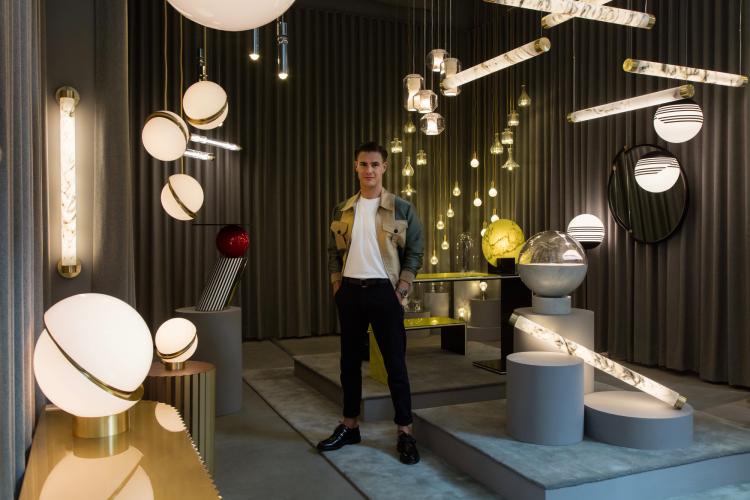 Lee Broom stands amidst several of his creations in his own New York showroom.