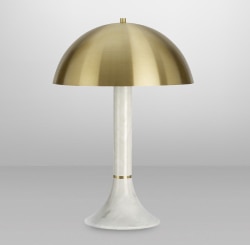 Regent table light from CTO Lighting with satin brass shade on a column of polished white Carrara marble.