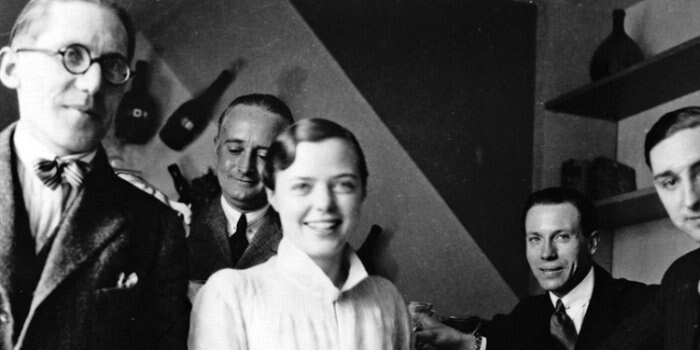 A photo of the design team in Le Corbusier's studio, including Le Corbusier himself and Charlotte Perriand shortly after her hiring