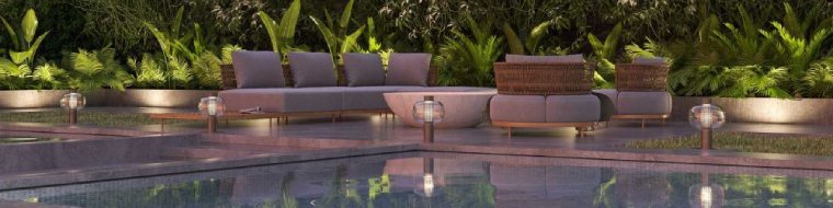 A line of Bonbori Outdoor floor lights from Brokis running poolside on a patio.