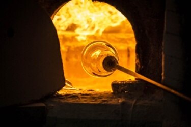 A bulb of soon-to-be blown glass is heated in an oven at Janstejn Glassworks.