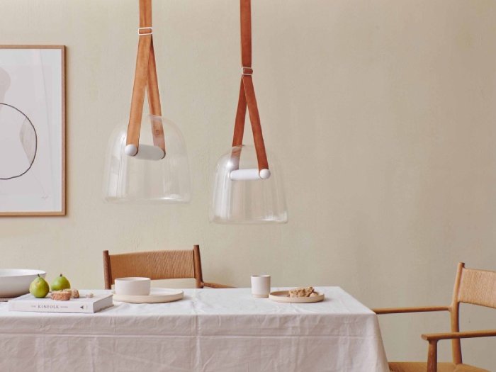 Mona Large pendants over a warm and friendly mid-century-modern dining room.