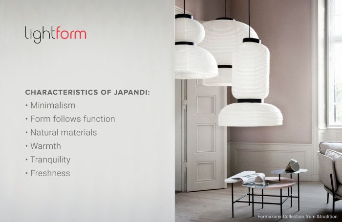 A list of characteristics common to Japandi design style.