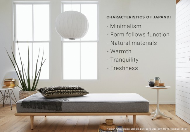 A sleek Japandi-styled bedroom featuring George Nelson's Nelson Crisscross Bubble Ball pendant light.

On-image text: "Characteristics of Japandi: Minimalism, Form Follows Function, Natural Materials, Warmth, Tranquility, Freshness"