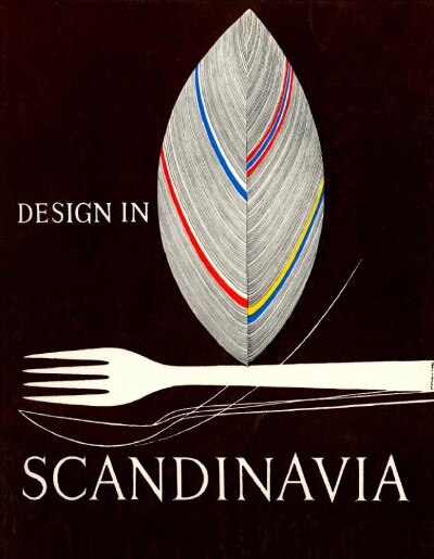 The poster for the 1950's exhibition Design in Scandinavia, designed by Tapio Wirkkala, depicts simple cutlery shapes in black and white. Above them, a rendition of his own asymmetrical Leaf design with several coloured lines balances both form and shade.