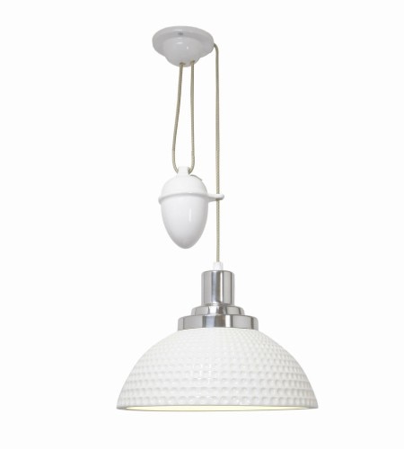 Cosmo Rise and Fall suspension light from Original BTC, with the dimpled bone china shade option.