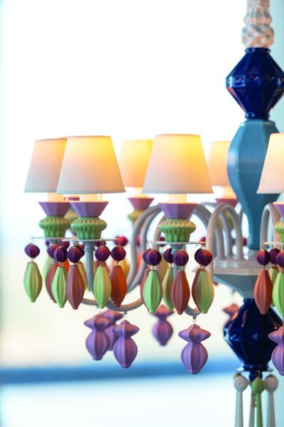 A detail shot of Belle de Nuit 12 chandelier with a brightly multicoloured finish.