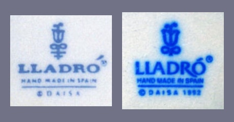 The Lladro trademark, as it appeared in 1971, when the bellflower sigil was first added to it, and the current version, which began usage in 1990.