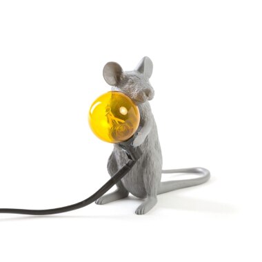 Marcantonio's Mouse Lamp (Mac variant) in gray, holding a yellow light bulb, viewed from the front.