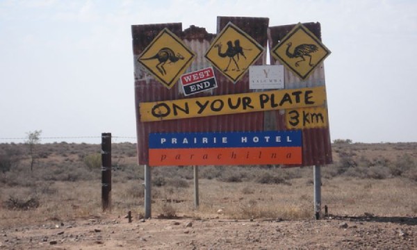 A billboard advertising the Prairie Hotel, just about the only remaining business in Parachilna, Australia