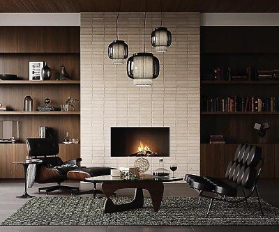 A trio of Manila T pendants illuminate a stylish modern living room.