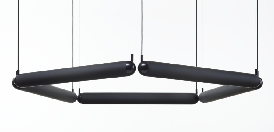 Puro Contour Pentagon suspension light, designed for Brokis by Brokis creative director Lucie Koldova, in the matte black finish options, unlit.