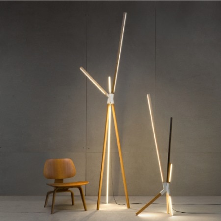 Stickbulb's Big Bang floor lamp and Middle Bang floor lamp alongside a child's wooden chair in a studio space.