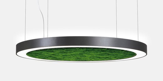 Ringo Star Acoustic light with the optional green moss acoustic absorbing panel from Lightnet.