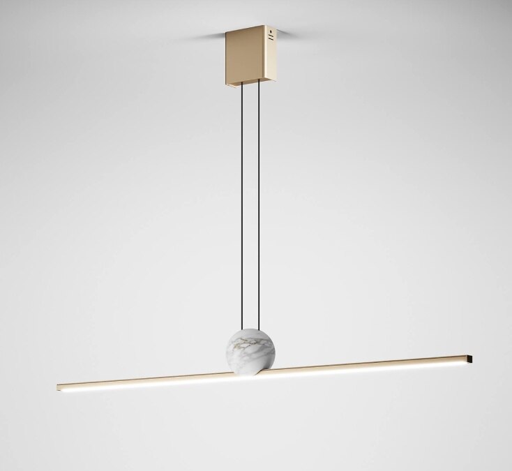 A studio photo of Regolo linear suspension light, designed for Italamp by lighting designer Stefano Traverso.