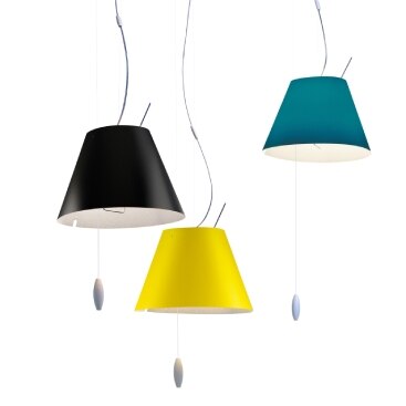 A cluster of three Costanzina pendant lights, designed for Luceplan by Paolo Rizzatto, in black, yellow, and turquoise finishes.