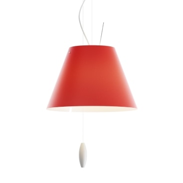 A close-up of Paolo Rizzatto's Costanzina cone pendant light for Luceplan in red.