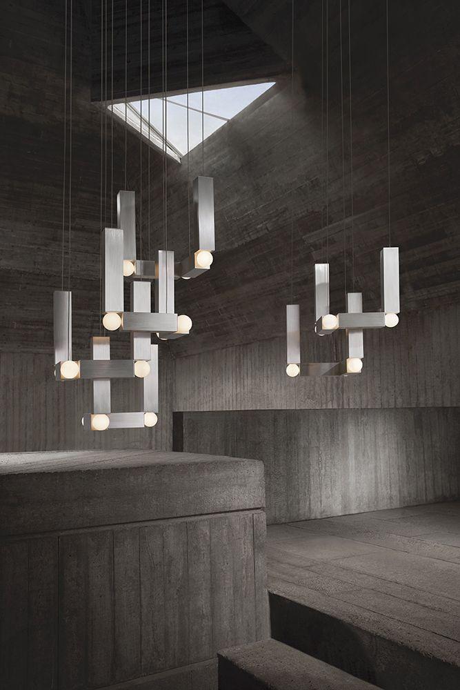 Lee Broom’s new Vesper, a modular chandelier, comes in gold or silver.