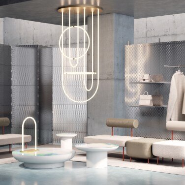 Unseen chandelier and Unseen table light illuminate a chic modern spa.