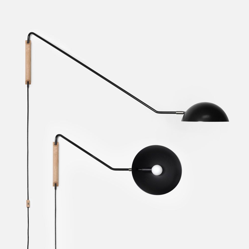 From left: The multiple configurations of the Swing Dome Light Wall from Stuff by Andrew Neyer allows for flexibility and style; the Lampe de Marseille Wall Light from Nemo, designed by Le Corbusier, is perfect for lighting your multifunctional work desk and dining table.